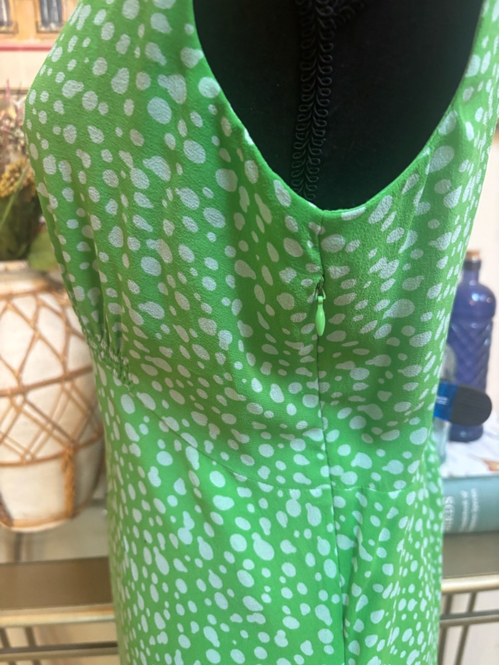 CYNTHIA HOWIE 100% Silk Sleeveless Green Dot Print Maxi Dress Fit & Flare Sz 12 - Picture 6 of 11